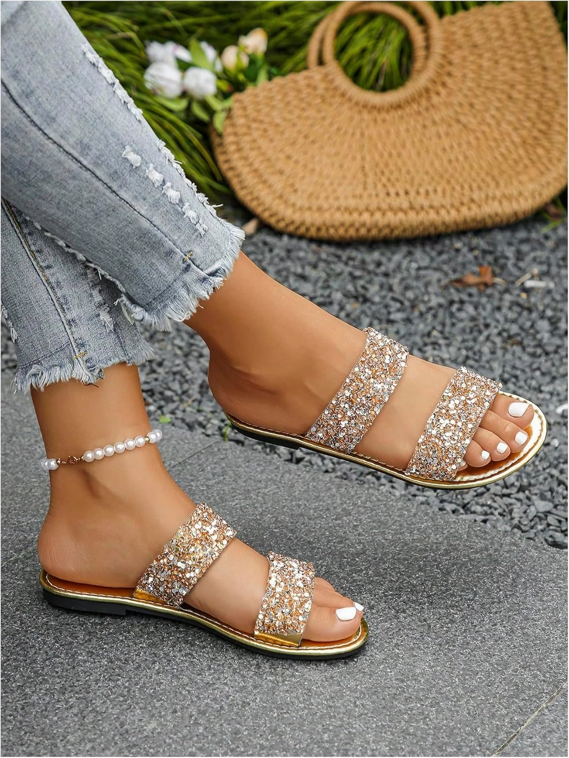 OYOANGLE Women's Metallic Sequin Sandals Double Straps Open Toe Slide On Flats Sparkly Outdoor Sandals