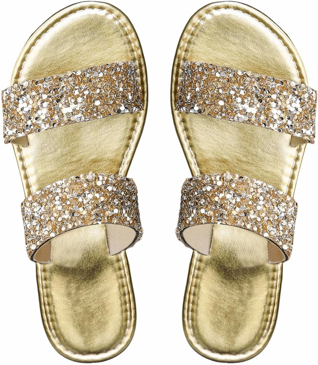 OYOANGLE Women's Metallic Sequin Sandals Double Straps Open Toe Slide On Flats Sparkly Outdoor Sandals