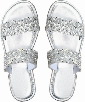 OYOANGLE Women's Metallic Sequin Sandals Double Straps Open Toe Slide On Flats Sparkly Outdoor Sandals