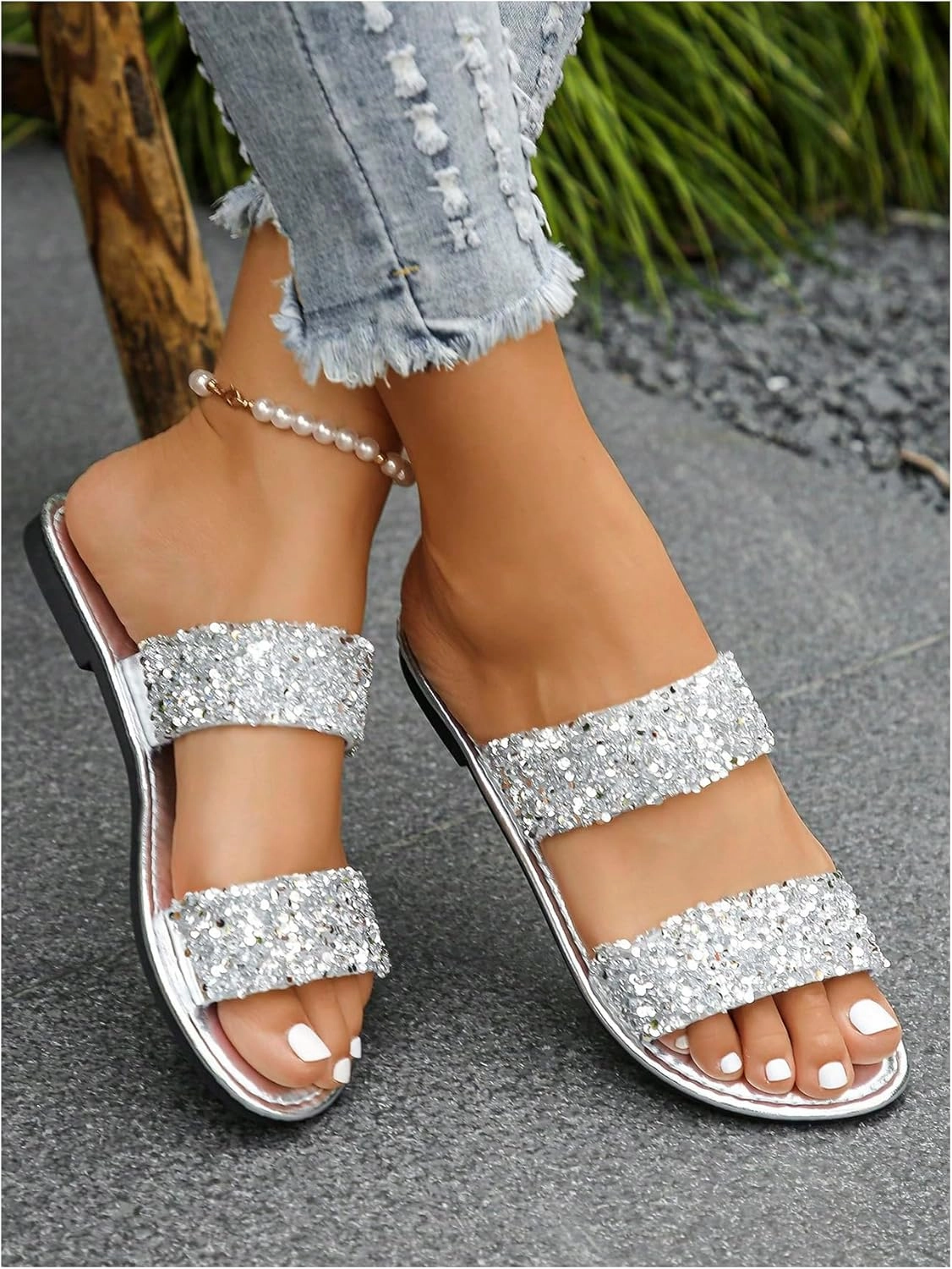 OYOANGLE Women's Metallic Sequin Sandals Double Straps Open Toe Slide On Flats Sparkly Outdoor Sandals