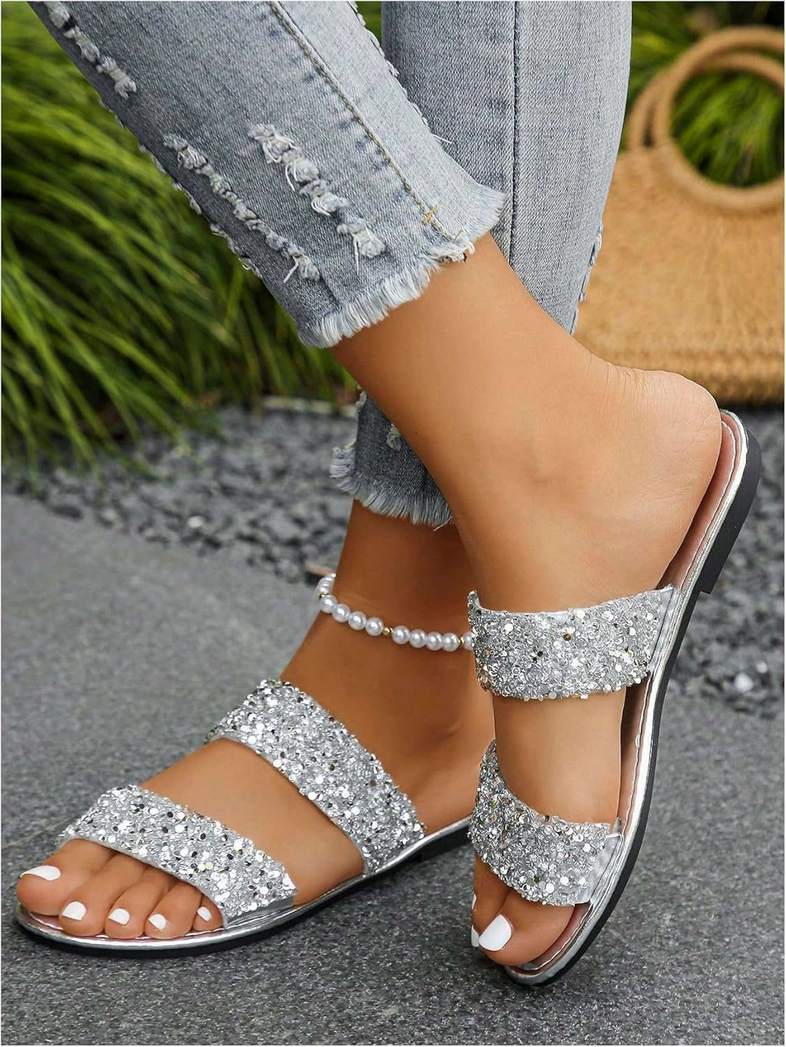 OYOANGLE Women's Metallic Sequin Sandals Double Straps Open Toe Slide On Flats Sparkly Outdoor Sandals