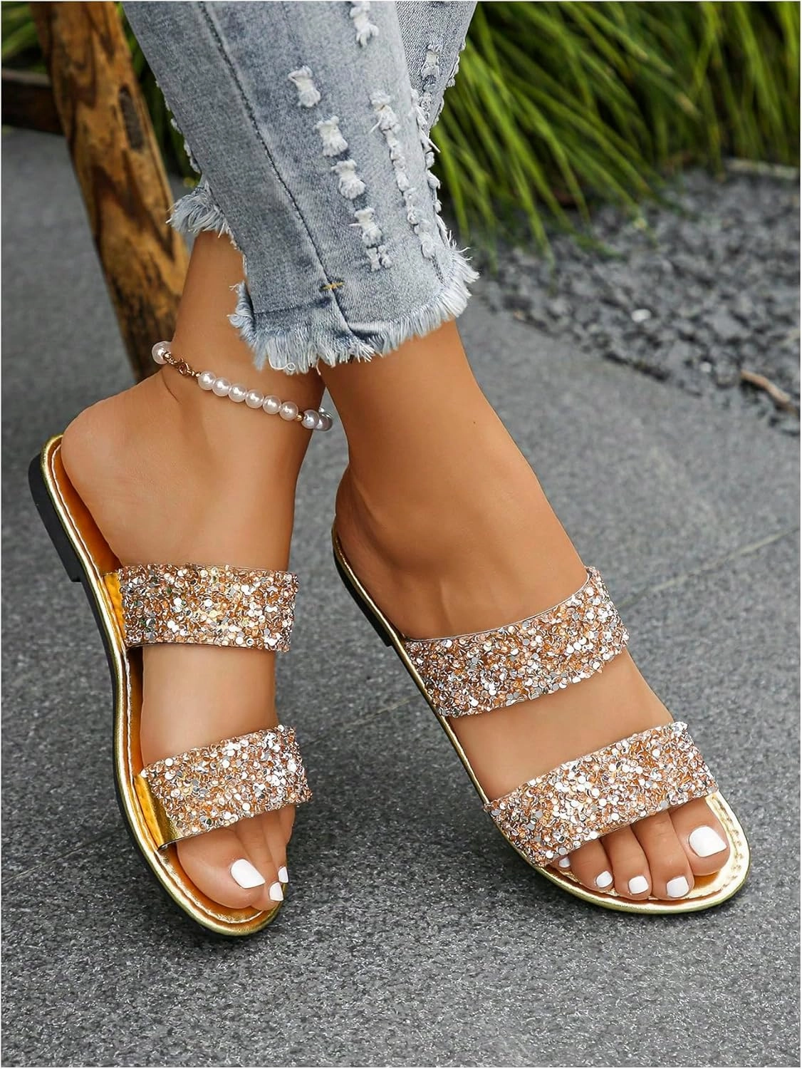 OYOANGLE Women's Metallic Sequin Sandals Double Straps Open Toe Slide On Flats Sparkly Outdoor Sandals