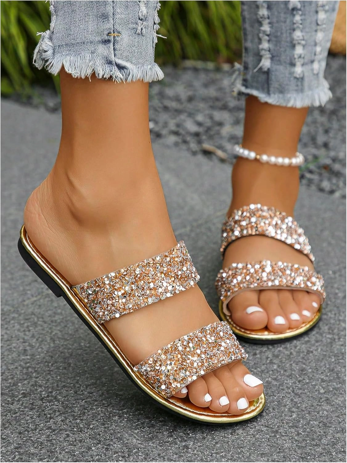 OYOANGLE Women's Metallic Sequin Sandals Double Straps Open Toe Slide On Flats Sparkly Outdoor Sandals