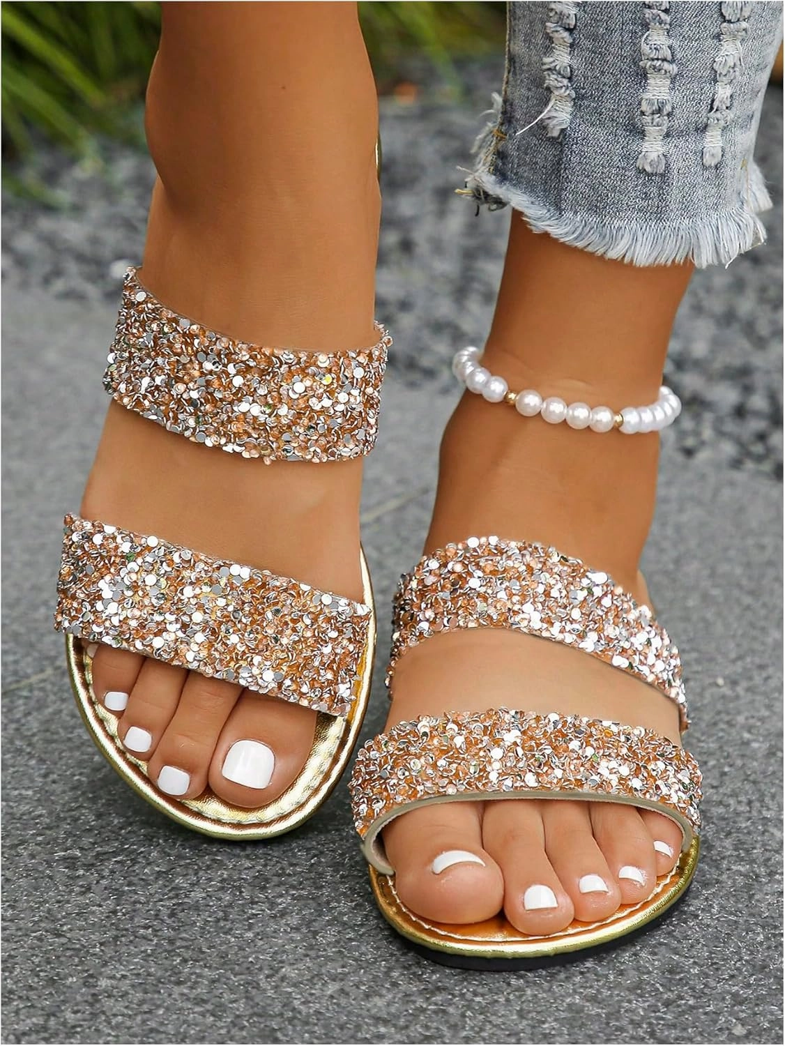 OYOANGLE Women's Metallic Sequin Sandals Double Straps Open Toe Slide On Flats Sparkly Outdoor Sandals