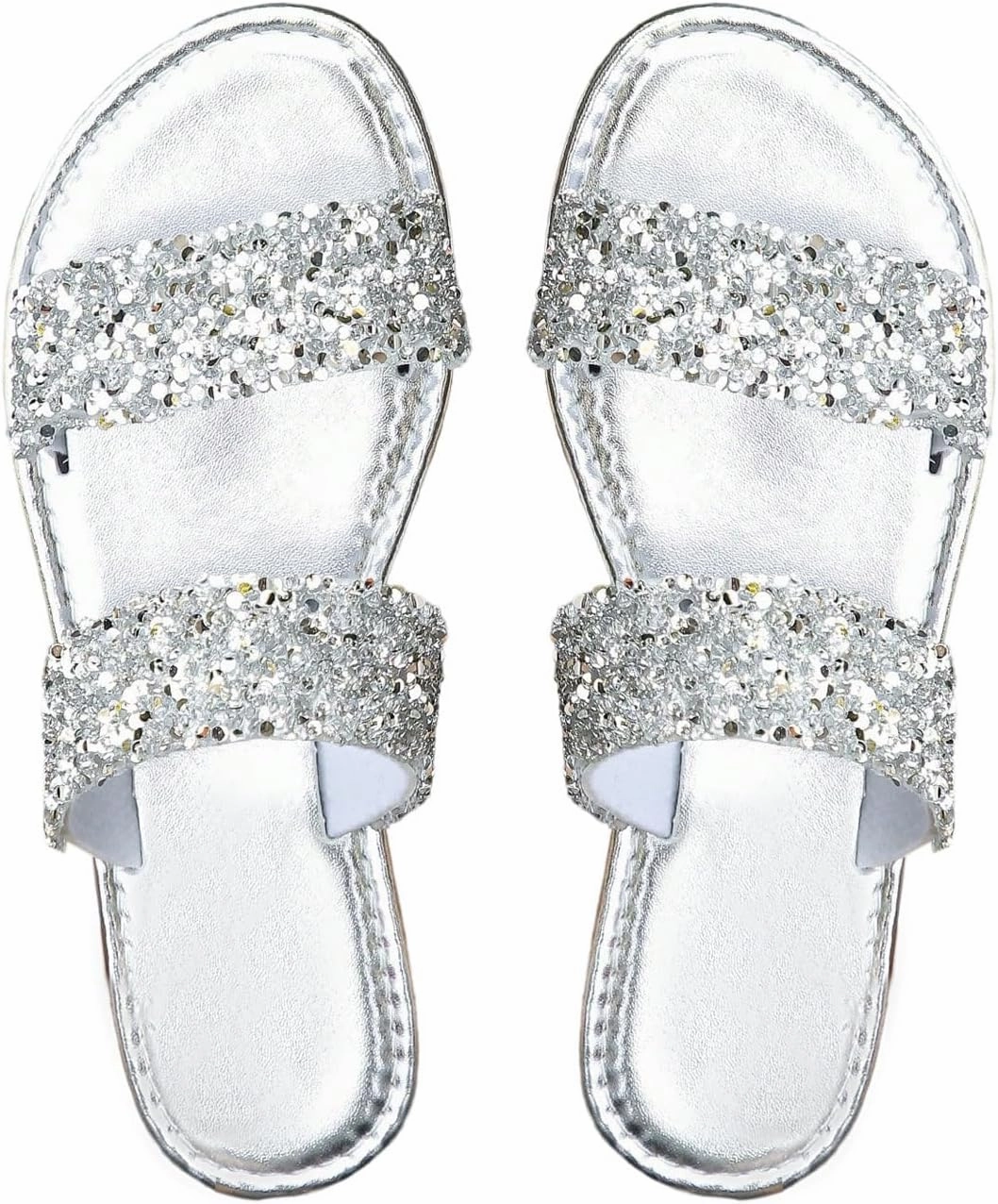 OYOANGLE Women's Metallic Sequin Sandals Double Straps Open Toe Slide On Flats Sparkly Outdoor Sandals