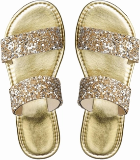 OYOANGLE Women's Metallic Sequin Sandals Double Straps Open Toe Slide On Flats Sparkly Outdoor Sandals