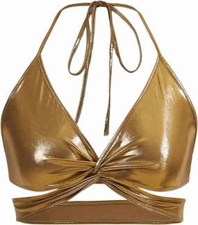 OYOANGLE Women's Metallic Twist Front Halter Tops Deep V Neck Backless Wrap Crop Cami Top