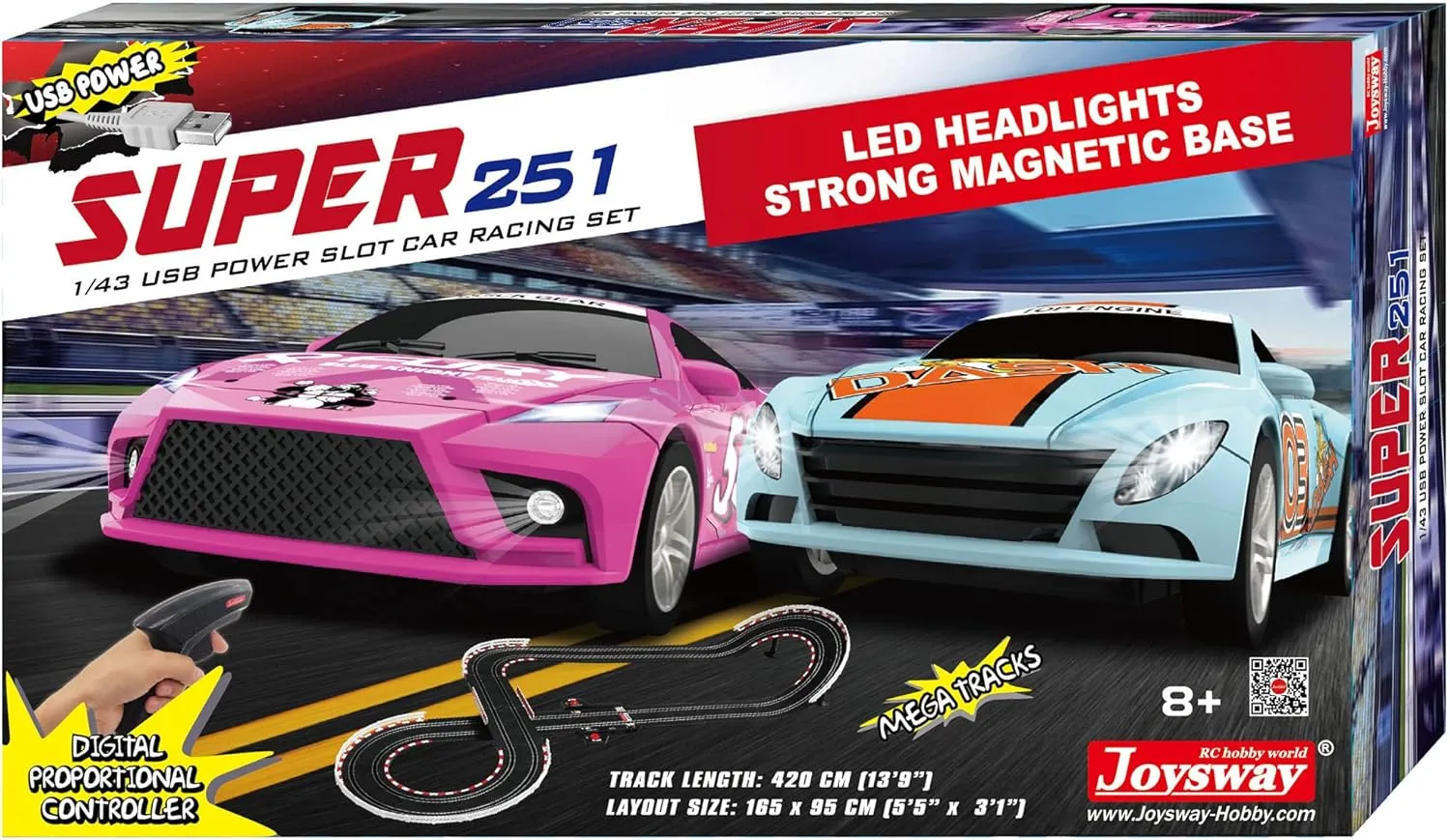 oysway: Super 251 USB Power Slot Car Racing Set, LED Headlights, Strong Magnetic Base, Mechanical Lap Counter & Powerbase Integrated as Combo Track, For Ages 8 and up, 2251