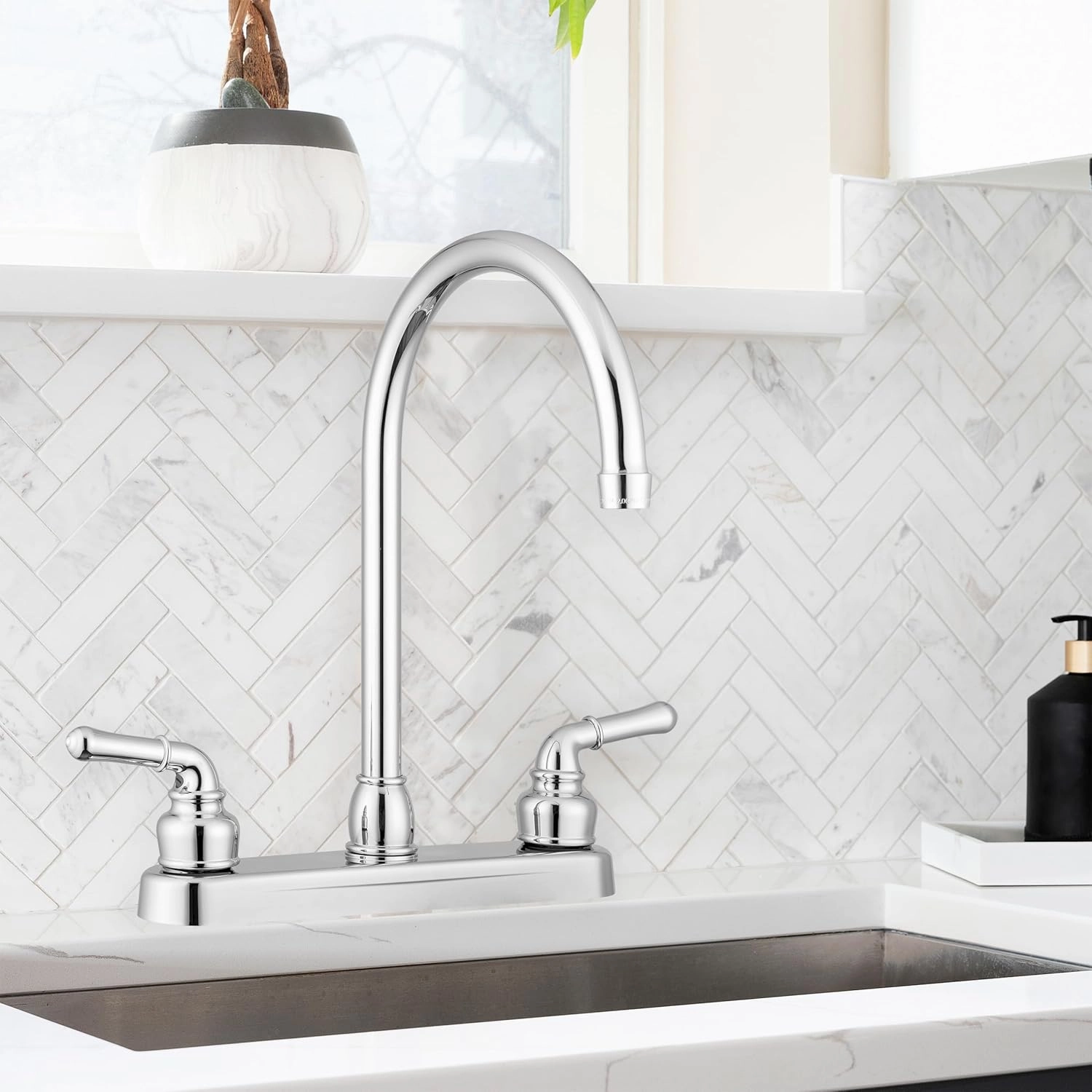 Pacific Bay Lynden Modern High Arc Kitchen Sink Faucet - Metallic Plating Over ABS Plastic - Brushed Satin Nickel Plating