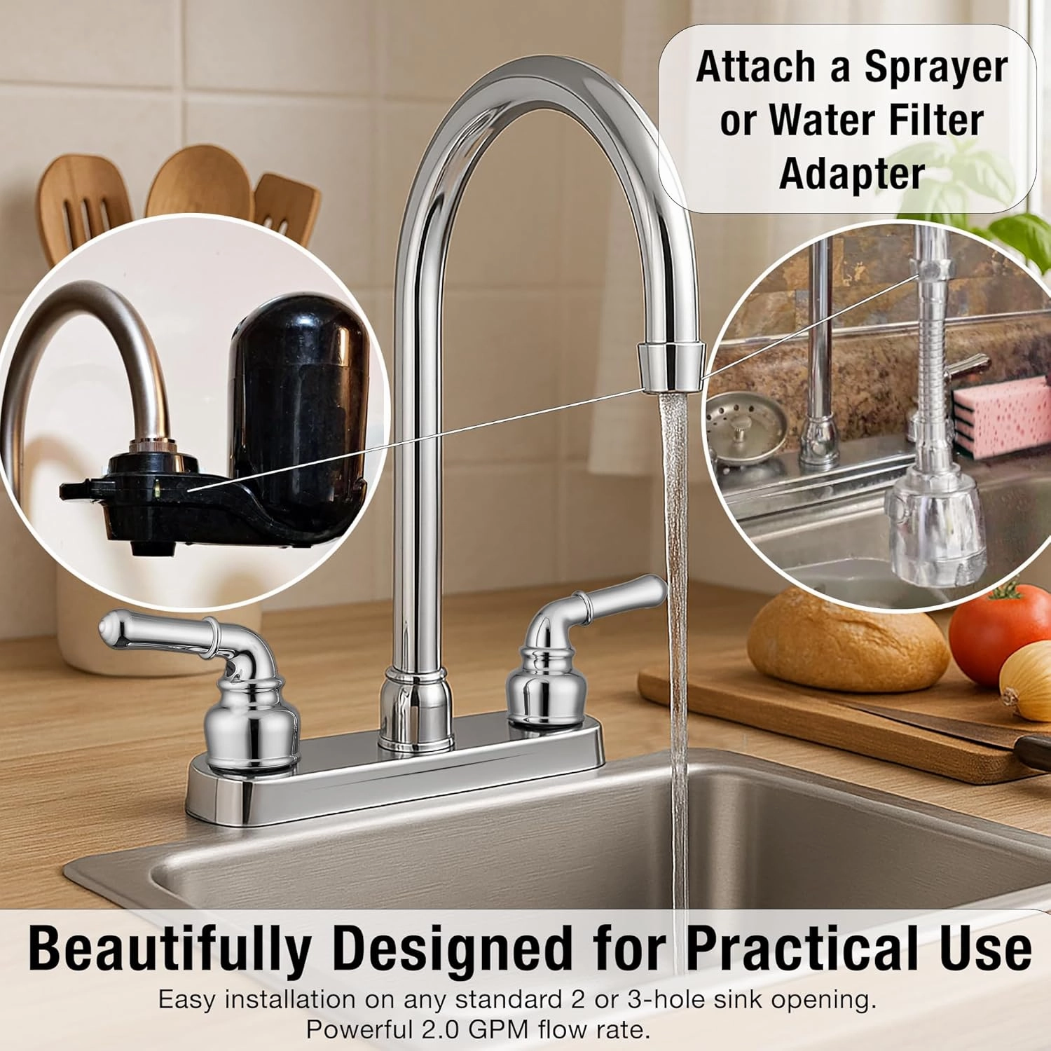 Pacific Bay Lynden Modern High Arc Kitchen Sink Faucet - Metallic Plating Over ABS Plastic - Brushed Satin Nickel Plating