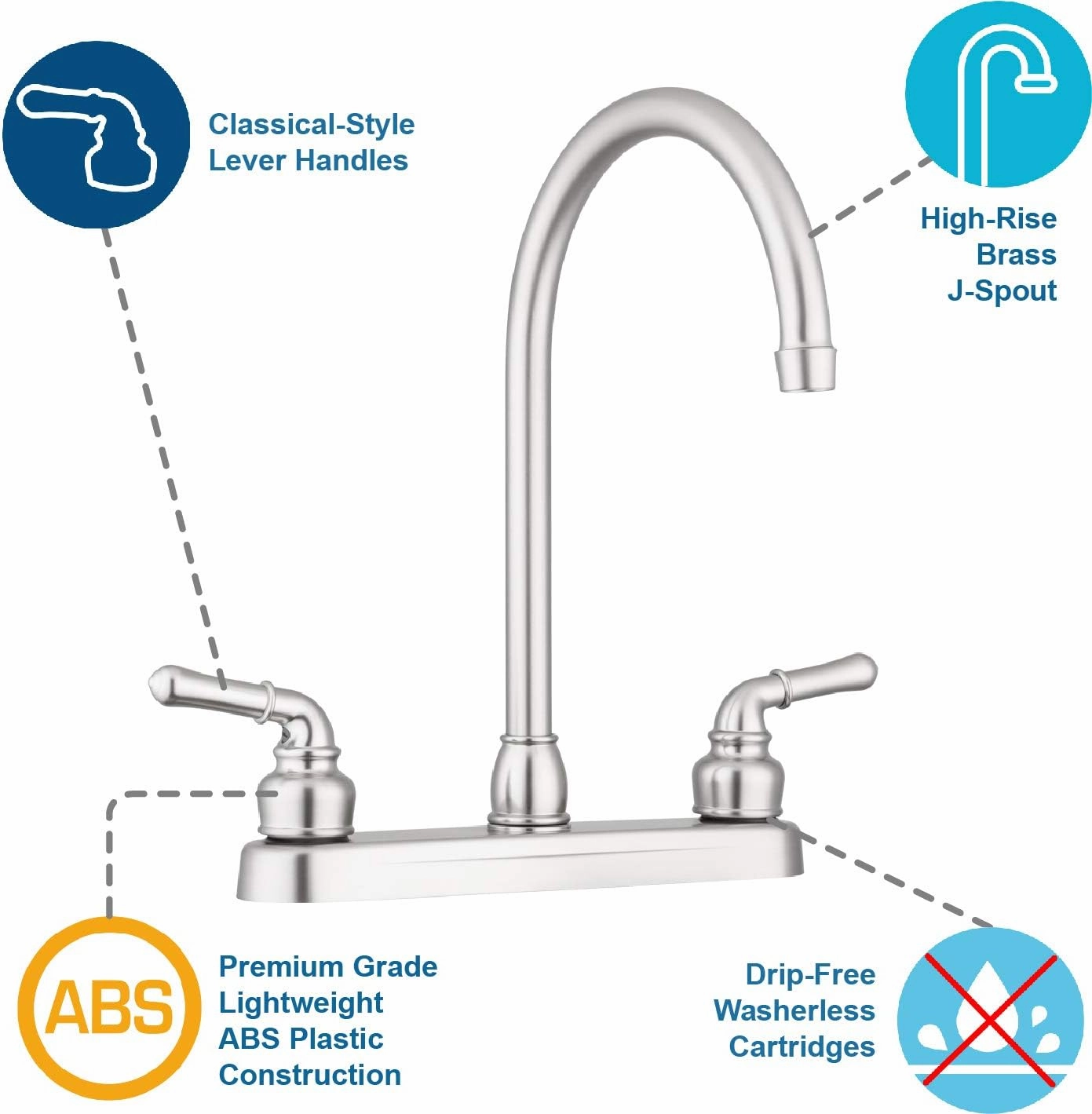 Pacific Bay Lynden Modern High Arc Kitchen Sink Faucet - Metallic Plating Over ABS Plastic - Brushed Satin Nickel Plating