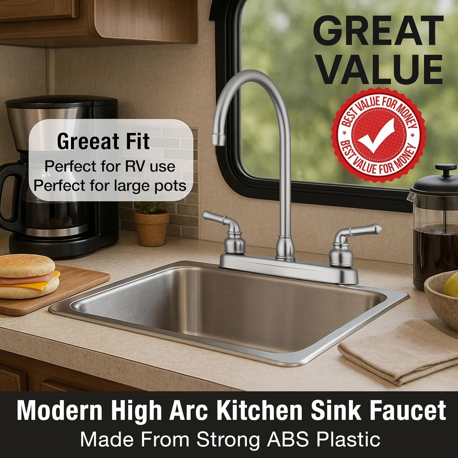 Pacific Bay Lynden Modern High Arc Kitchen Sink Faucet - Metallic Plating Over ABS Plastic - Brushed Satin Nickel Plating