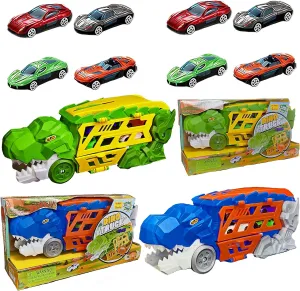 Pack of Two Dino Transport Launcher Vehicle with Ramp Track for Kids, Includes 8 Die-Cast Sturdy Cars, Top Handle