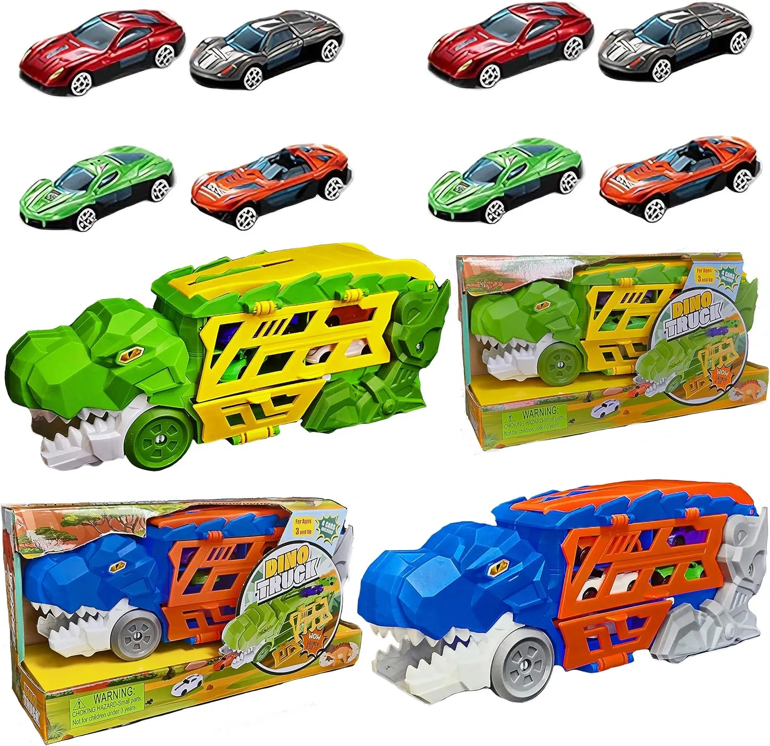 Pack of Two Dino Transport Launcher Vehicle with Ramp Track for Kids, Includes 8 Die-Cast Sturdy Cars, Top Handle