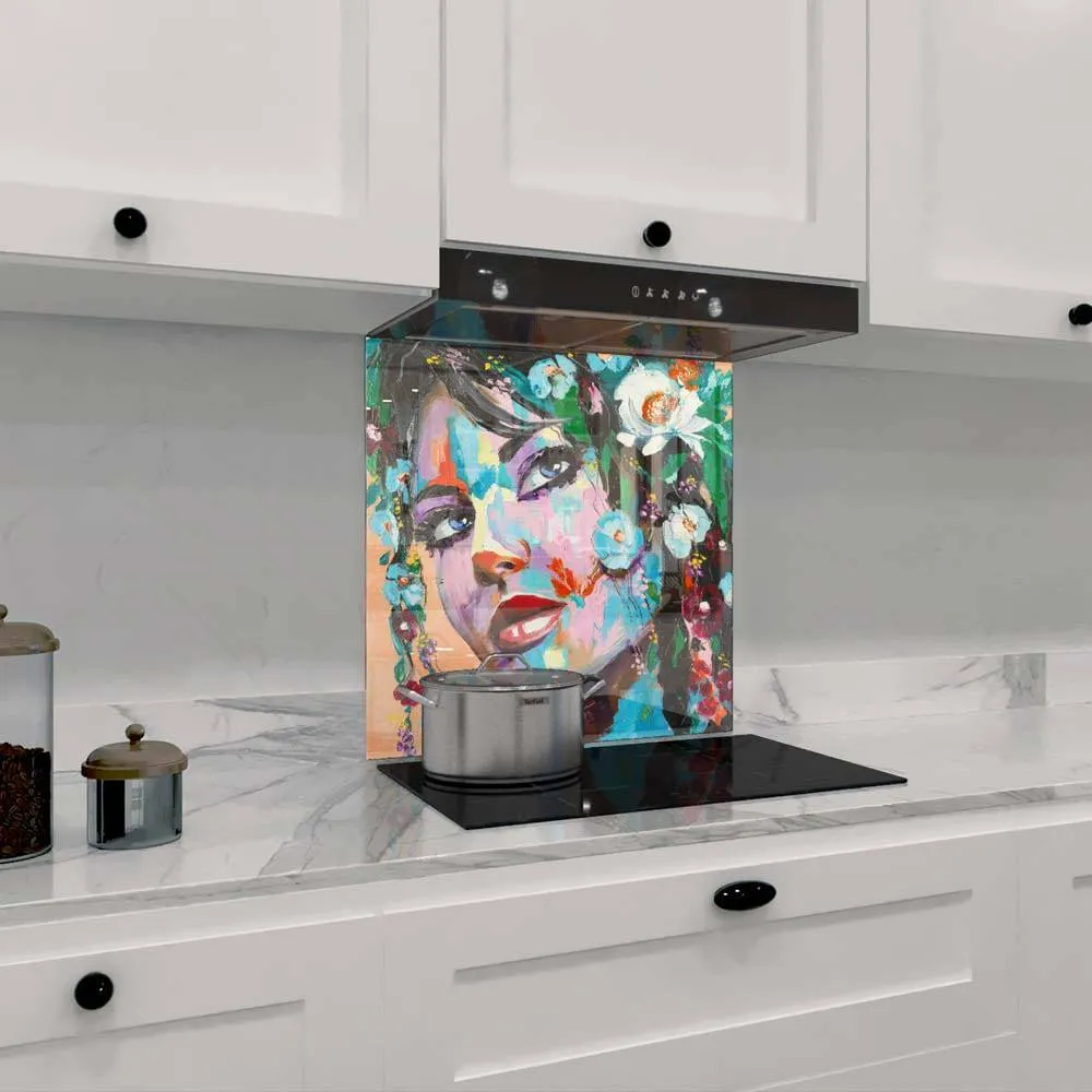 Painted Woman in Flowers Printed Glass  Splashback - DIY