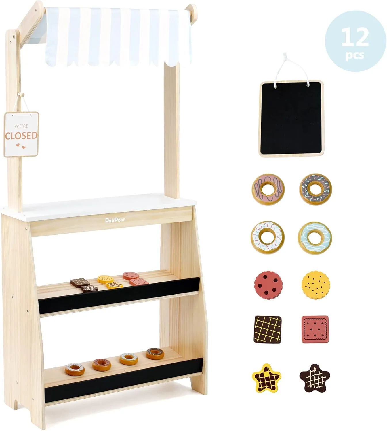 PairPear Grocery Store Pretend Play, Wooden Toys Lemonade Stand for Kids, Natural Style Market Stand Play Food Sets.