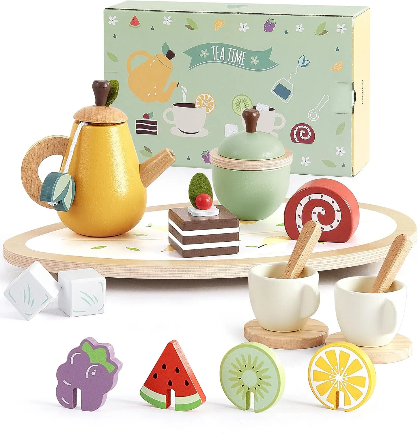 PairPear Wooden Toys Tea Party Set, Toddler Tea Set for Little Girls, Kids Pretend Play Kitchen Accessories, Wooden Play Food Toys Gift for Girls Boys 3 Y 