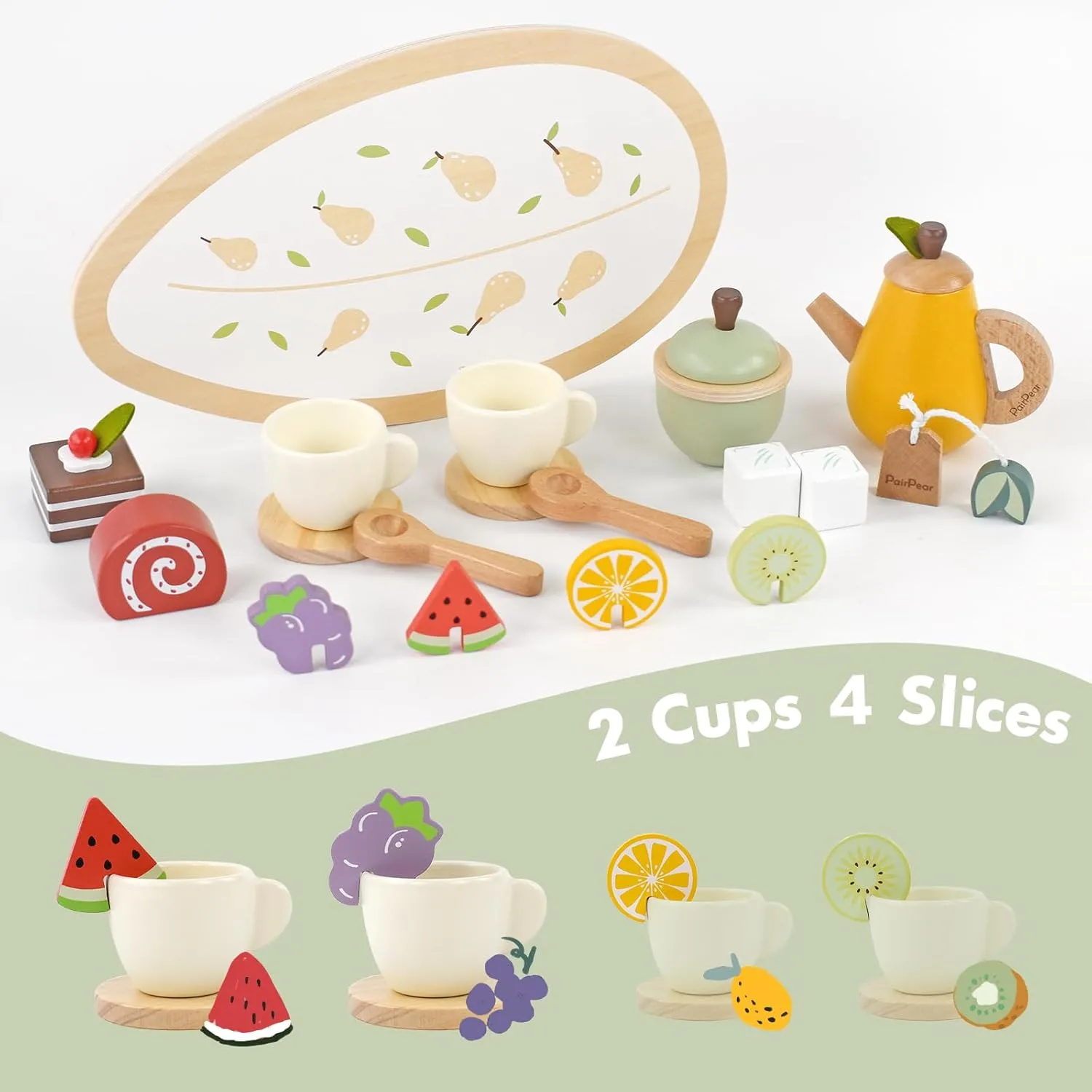 PairPear Wooden Toys Tea Party Set, Toddler Tea Set for Little Girls, Kids Pretend Play Kitchen Accessories, Wooden Play Food Toys Gift for Girls Boys 3 Y 