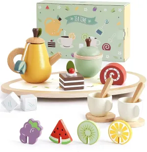 PairPear Wooden Toys Tea Party Set, Toddler Tea Set for Little Girls, Kids Pretend Play Kitchen Accessories, Wooden Play Food Toys Gift for Girls Boys 3 Y 