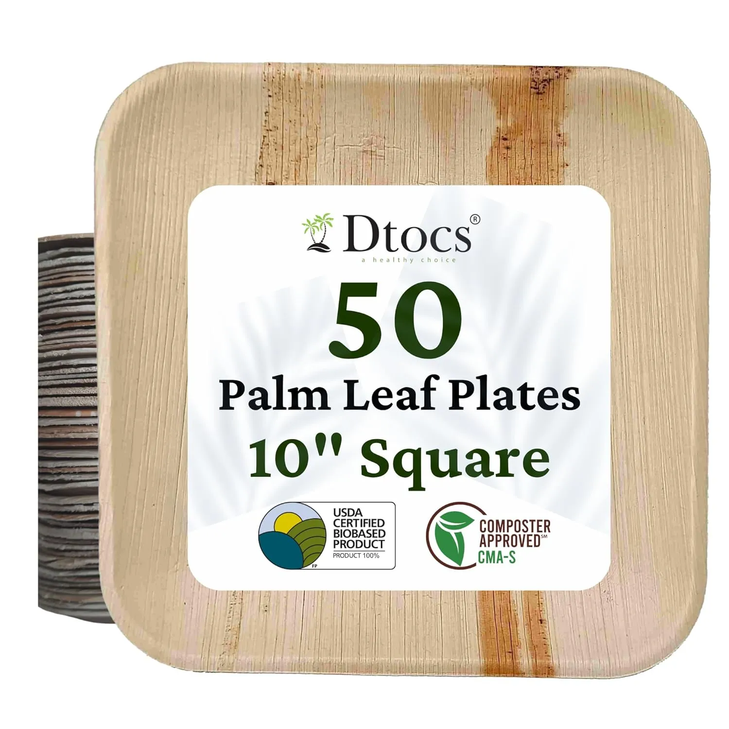 Palm Leaf Plates 10 Inch Square (50 Pack) | Bamboo Plates Disposable Look Compostable Dinnerware Sets, Charcuterie Boards, Cheese Platter | Wedding Supplies Sturdy than 10" Paper Trays