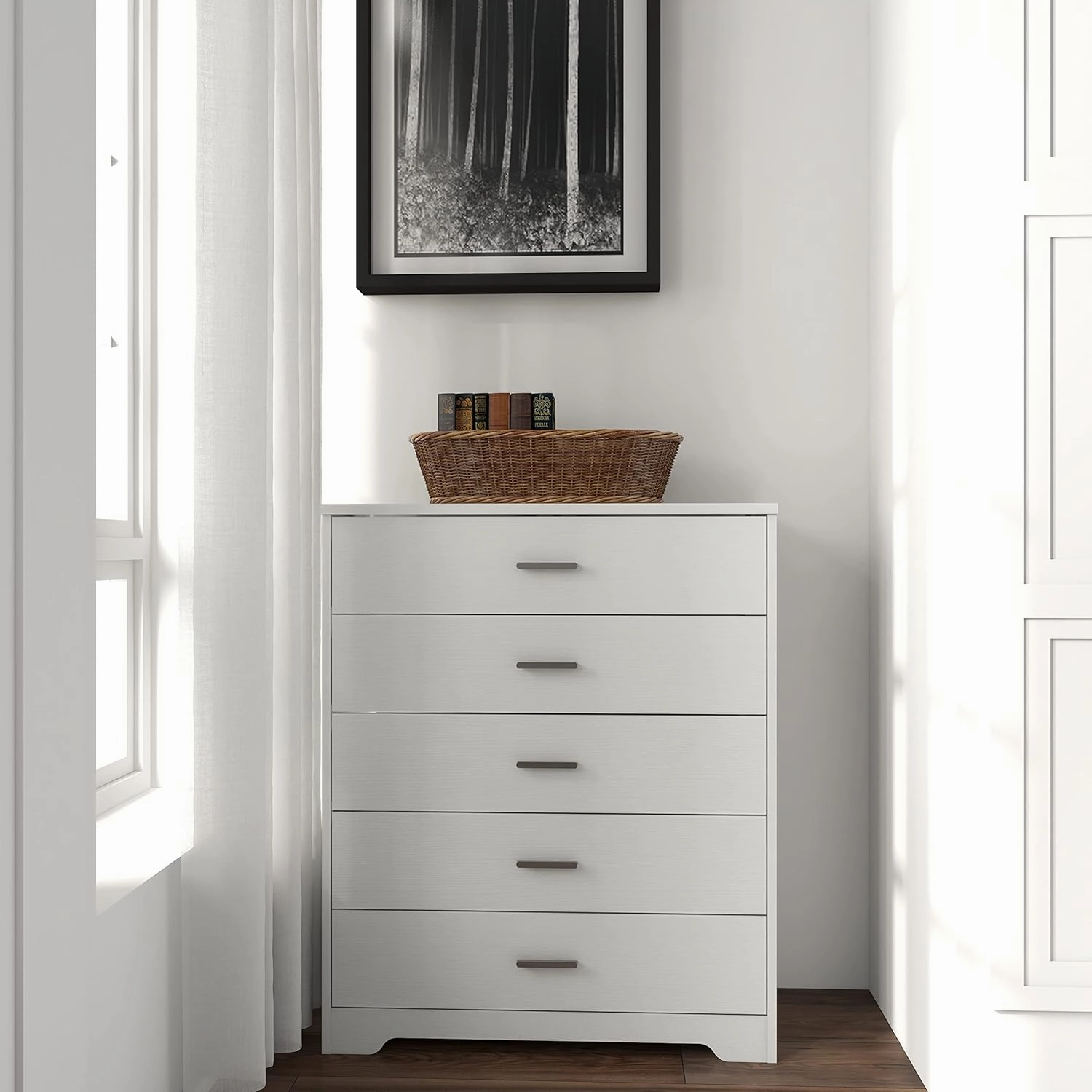 Panana Dresser for Bedroom with 5/6 Drawers, Wooden Chest of Drawers, Storage Organizer Unit Dressers for Bedroom, Living Room, Hallway, Nursery (White, 5 Drawer)