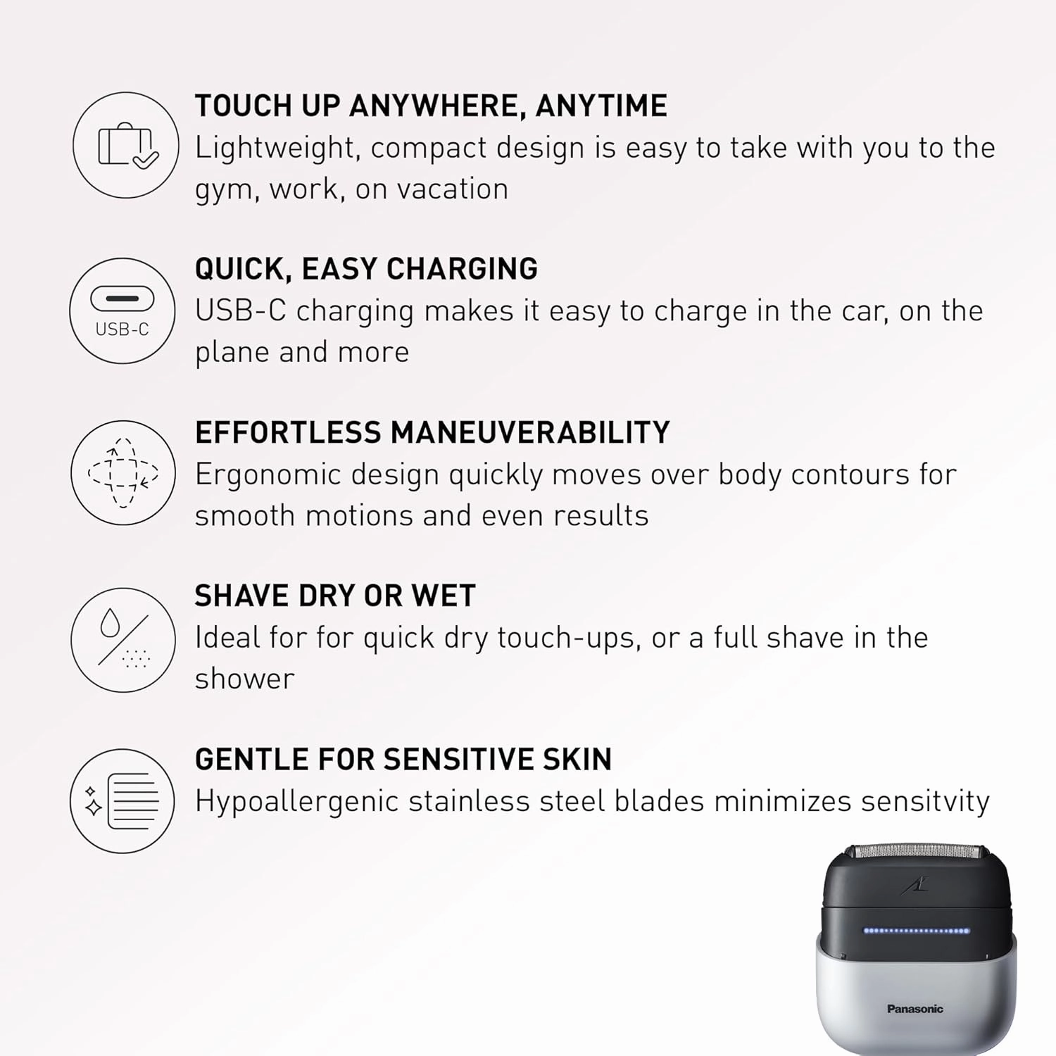 Panasonic Swipe Right Travel Shaver for Women, Portable Electric Razor with USB-C Charging, 3-Blade Cutting System for Dry or Wet Use - ES-CM3A-W