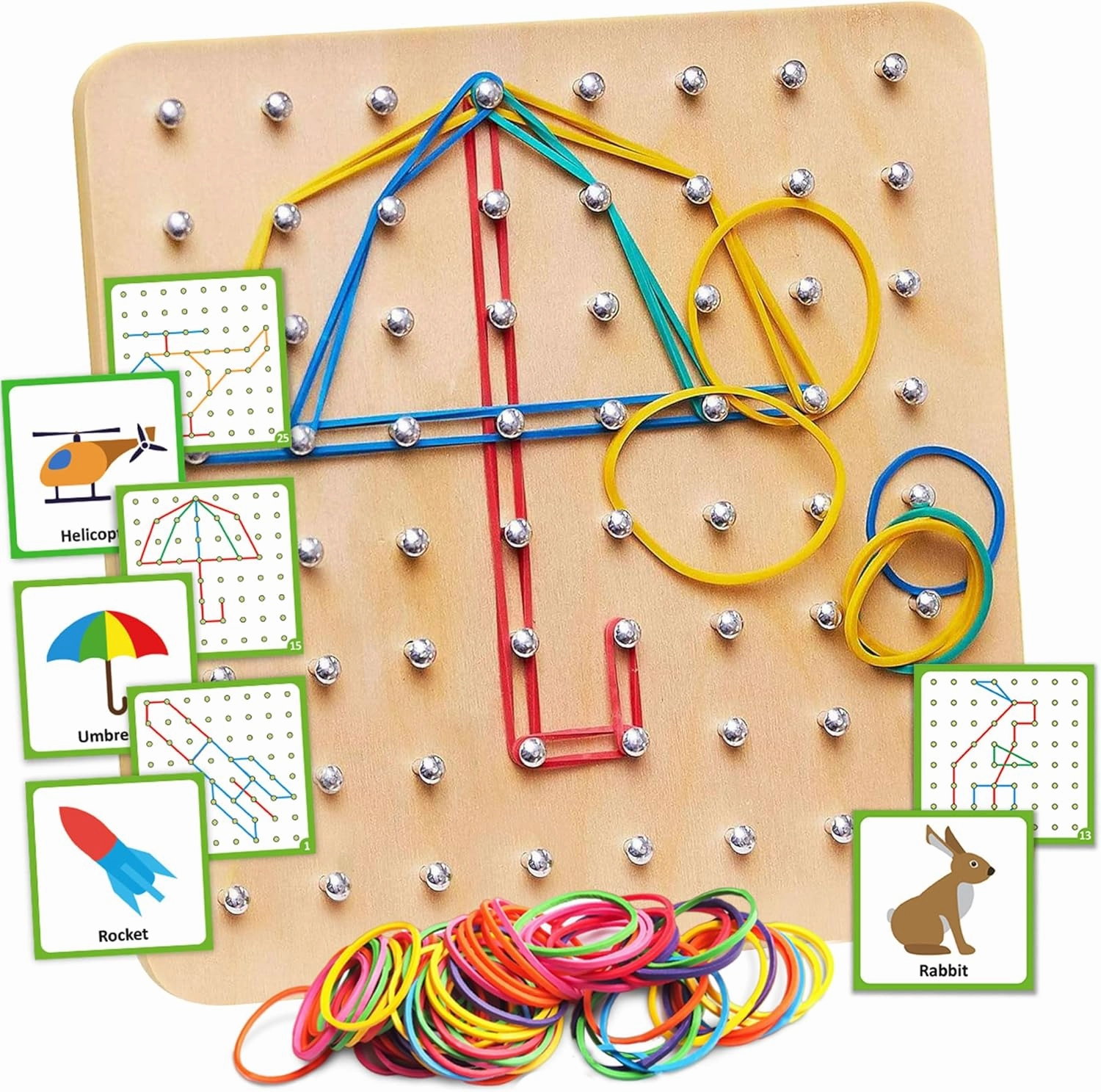 Panda Brothers Wooden Geoboard - Montessori Toys for 3 4 5 Year Old Kids and Toddlers, Educational Toy with 30 Pattern Cards and 40 Rubber Bands to Create Figures, Brain Teaser STEM Toy Geo Board