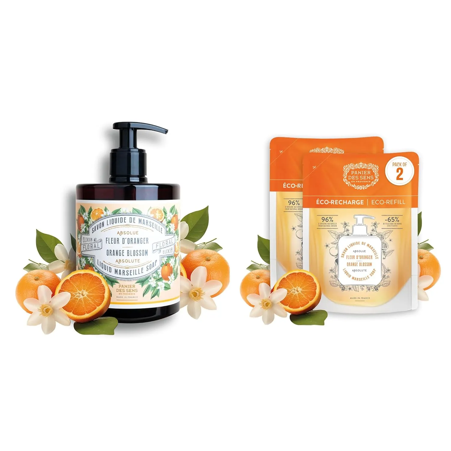Panier des Sens - Orange Blossom Marseille Liquid Hand Soap   2 Hand Soap Refills - Moisturizing Soap with Coconut Oil - Bathroom & Kitchen Foaming Soap - 96% Natural Ingredients Hand Wash-50.7 Fl.oz
