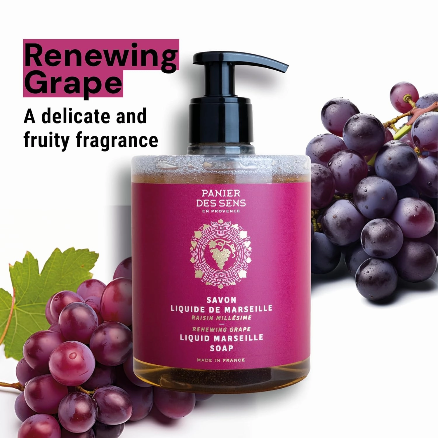 Panier des Sens - Liquid Hand Soap - Grape Hand Wash - French Marseille Moisturizing Hand Soap with Coconut Oil - Refillable Kitchen & Bathroom Hand Soap - 97% Natural Ingredients -16.9 Fl.oz