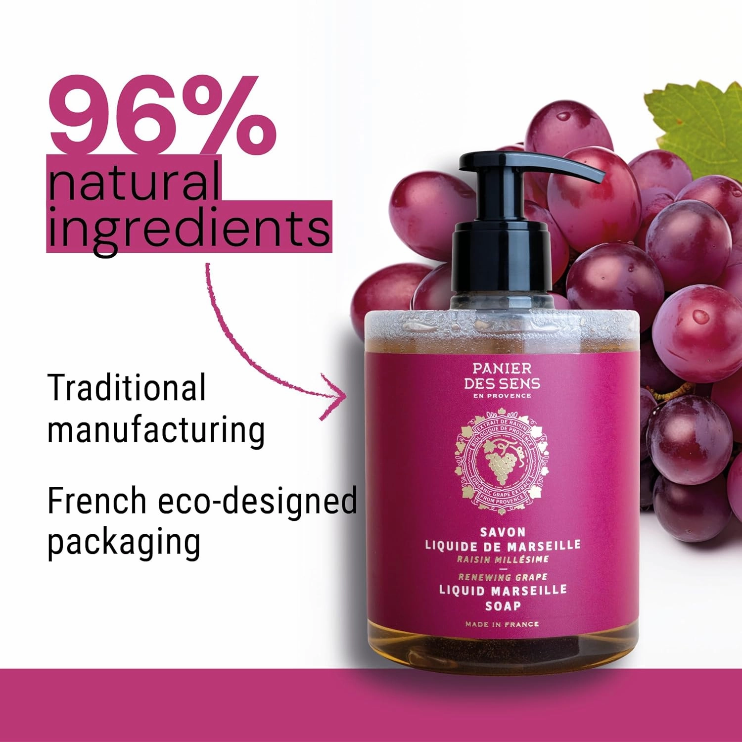 Panier des Sens - Liquid Hand Soap - Grape Hand Wash - French Marseille Moisturizing Hand Soap with Coconut Oil - Refillable Kitchen & Bathroom Hand Soap - 97% Natural Ingredients -16.9 Fl.oz