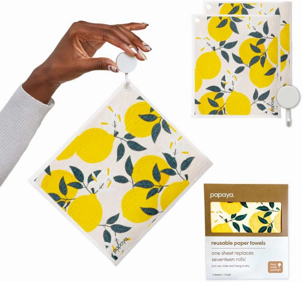 Papaya Reusable Paper Towels 2-Pack - 2 Sheets   1 Hooks, Quick Drying, No Odor, 1 Sheet Replaces 17 Rolls, Washable Kitchen Cloth, Sustainable Dish Sponge, Eco Friendly Gift