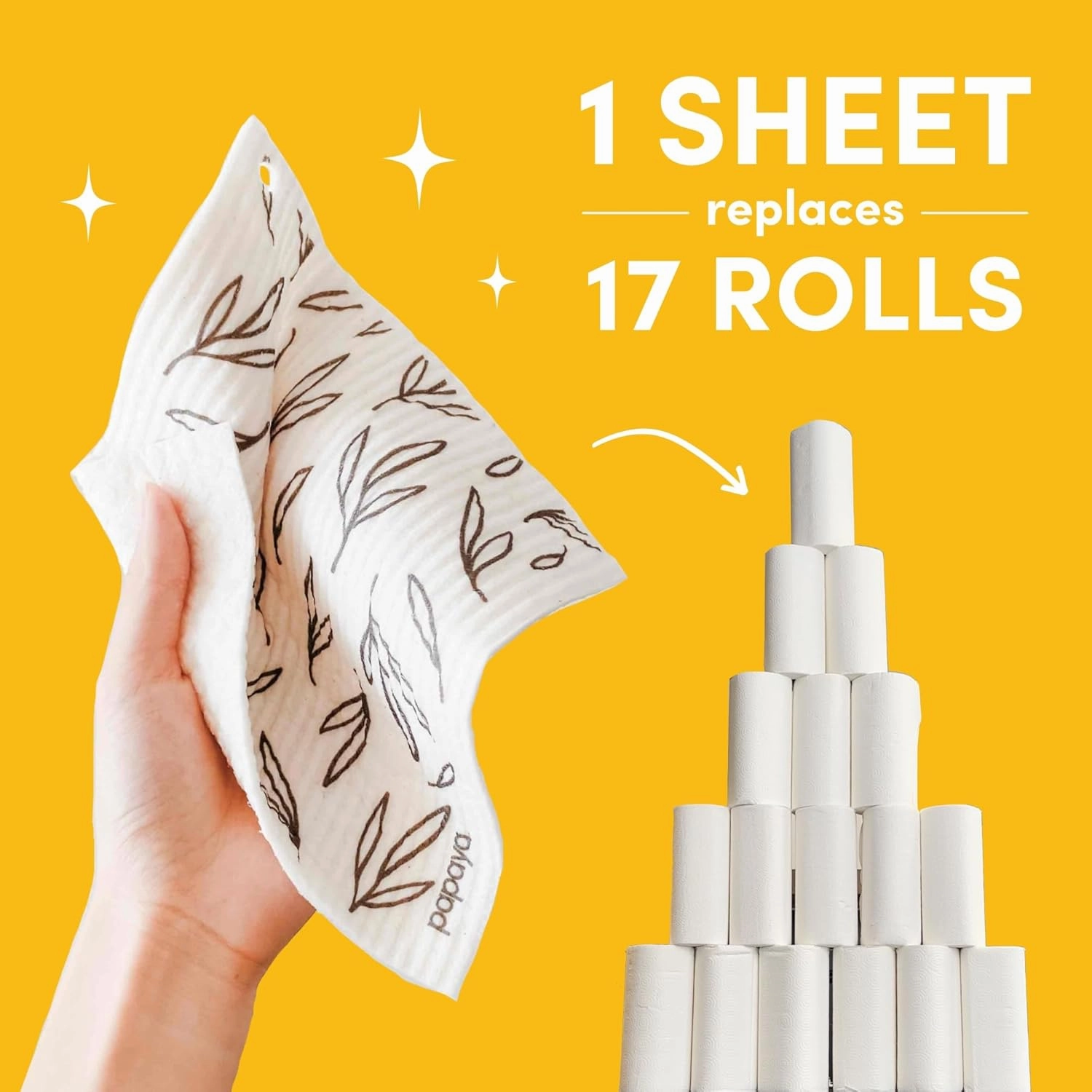 Papaya Reusable Paper Towels 2-Pack - 2 Sheets   1 Hooks, Quick Drying, No Odor, 1 Sheet Replaces 17 Rolls, Washable Kitchen Cloth, Sustainable Dish Sponge, Eco Friendly Gift