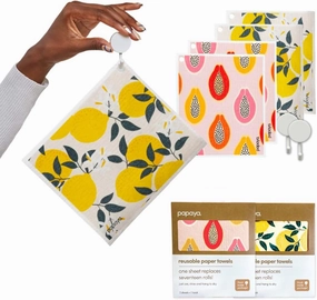 Papaya Reusable Paper Towels 4-Pack - 4 Sheets   2 Hooks, Quick Drying, No Odor, 1 Sheet Replaces 17 Rolls, Washable Kitchen Cloth, Sustainable Dish Sponge, Eco Friendly Gift (Fruit Salad)