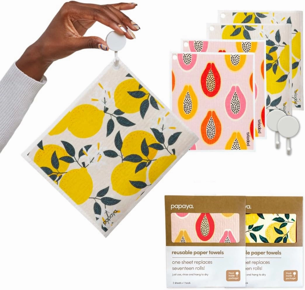 Papaya Reusable Paper Towels 4-Pack - 4 Sheets   2 Hooks, Quick Drying, No Odor, 1 Sheet Replaces 17 Rolls, Washable Kitchen Cloth, Sustainable Dish Sponge, Eco Friendly Gift (Fruit Salad)