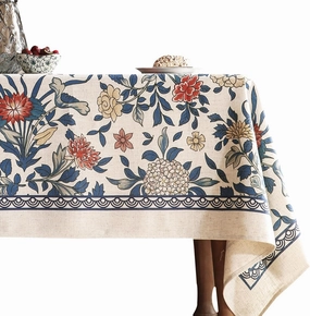 patdrea Designer Blue Tablecloth for Rectangle Tables,Vintage Linen with Leaves and Flowers Pattern Tablecloths,Farmhouse Floral Table Cover Cloth Decor for Kitchen Dining Christmas,55"*71"