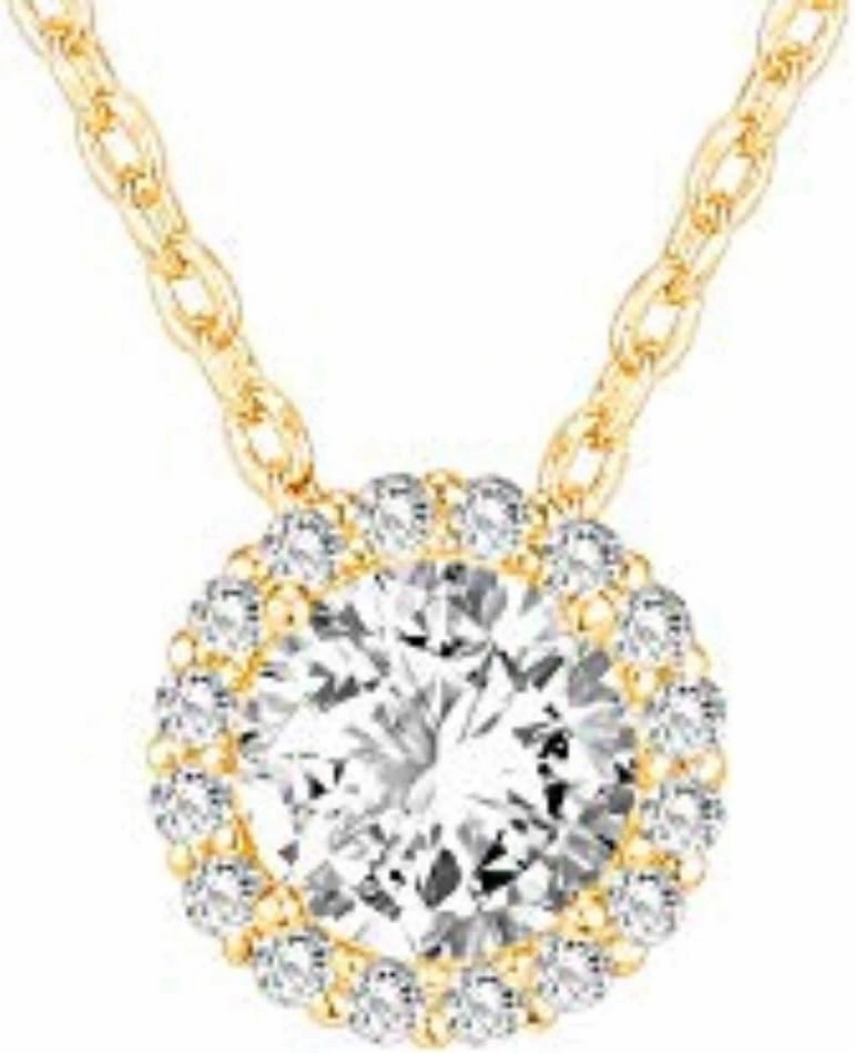PAVOI 14K Gold Plated Post Faux Diamond Round Solitaire Pendant Halo Necklace | Gold Necklace for Women | Slider Adjustable