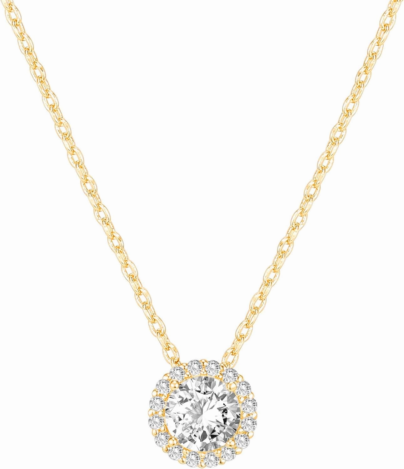 PAVOI 14K Gold Plated Post Faux Diamond Round Solitaire Pendant Halo Necklace | Gold Necklace for Women | Slider Adjustable