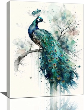 Peacock Wall Art Watercolor Peacock Pictures Wall Decor Elegant Peacock Canvas Prints Framed Modern Painting Artwork Home Office Decorations For Kitchen Bedroom Bathroom Living Room Framed 12"x16"