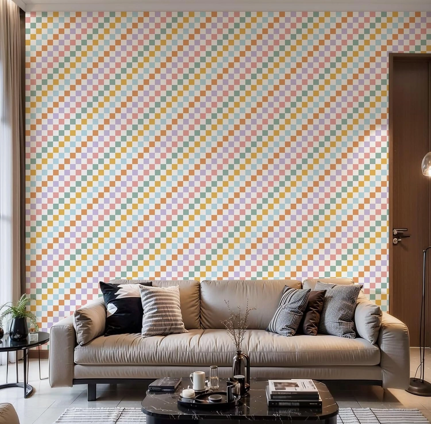 Peel and Stick Wallpaper Self Adhesive Wall Mural Rainbow Checkerboard seamless pattern Geometric abstract Checkered Contact Paper Renter Friendly Wallpaper for Kitchen Nursery Bedroom 24"x118"