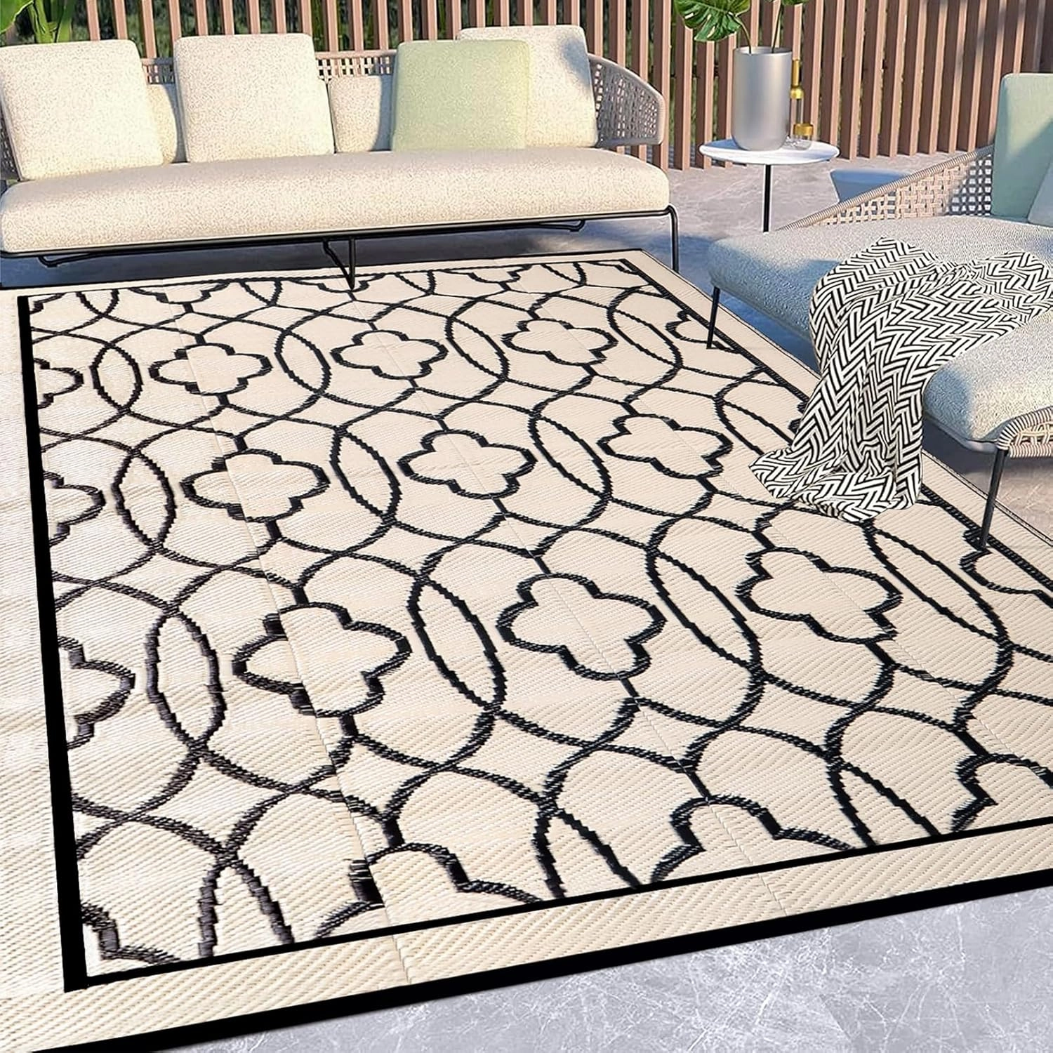 Pendolr 5’x8’ Outdoor Rug Waterproof Carpet Patio Rug Outdoor Plastic Straw Rug Camping Rug Reversible Outside Outdoor Area Rug for Balcony Deck Backyard RV Picnic Beach Black&Beige 01#