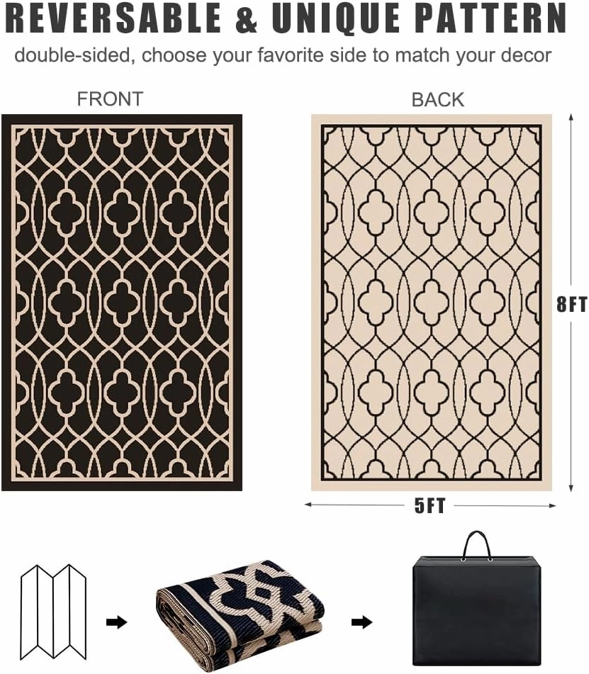 Pendolr 5’x8’ Outdoor Rug Waterproof Carpet Patio Rug Outdoor Plastic Straw Rug Camping Rug Reversible Outside Outdoor Area Rug for Balcony Deck Backyard RV Picnic Beach Black&Beige 01#