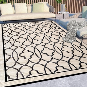 Pendolr 5’x8’ Outdoor Rug Waterproof Carpet Patio Rug Outdoor Plastic Straw Rug Camping Rug Reversible Outside Outdoor Area Rug for Balcony Deck Backyard RV Picnic Beach Black&Beige 01#
