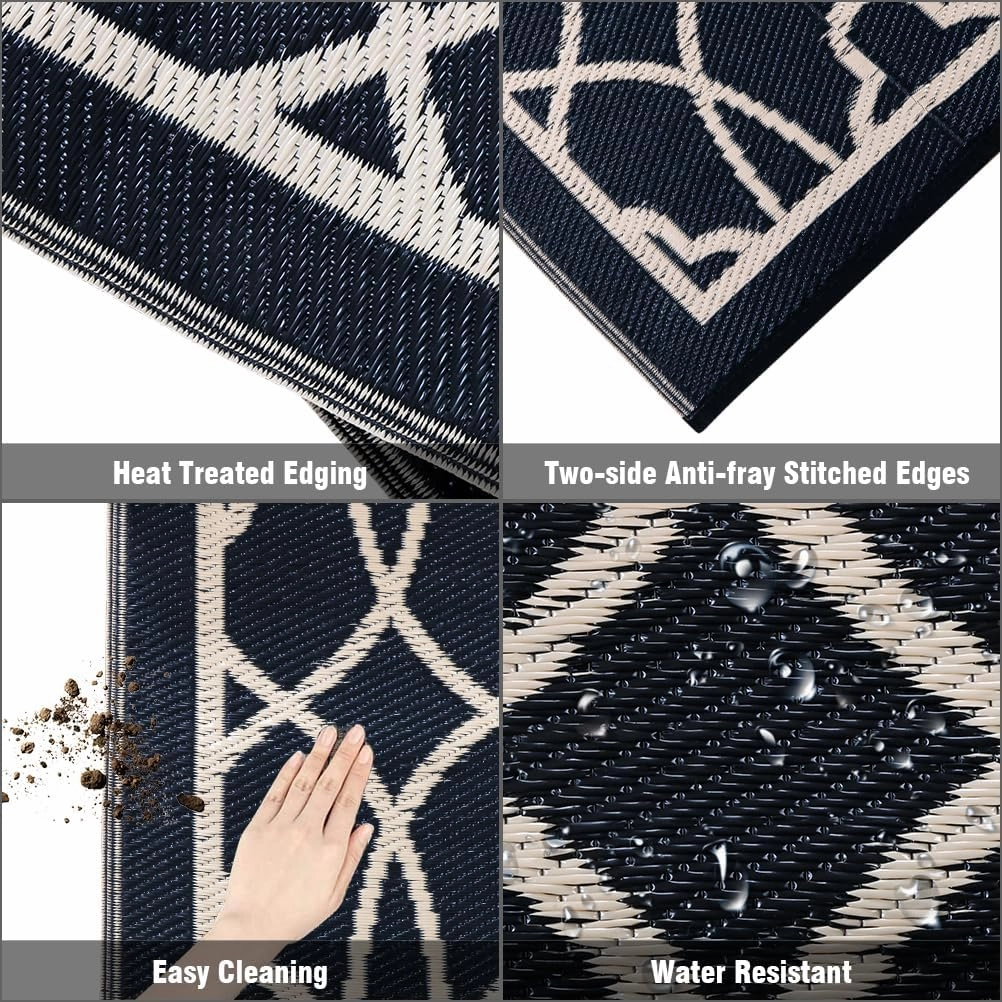 Pendolr 5’x8’ Outdoor Rug Waterproof Carpet Patio Rug Outdoor Plastic Straw Rug Camping Rug Reversible Outside Outdoor Area Rug for Balcony Deck Backyard RV Picnic Beach Black&Beige 01#