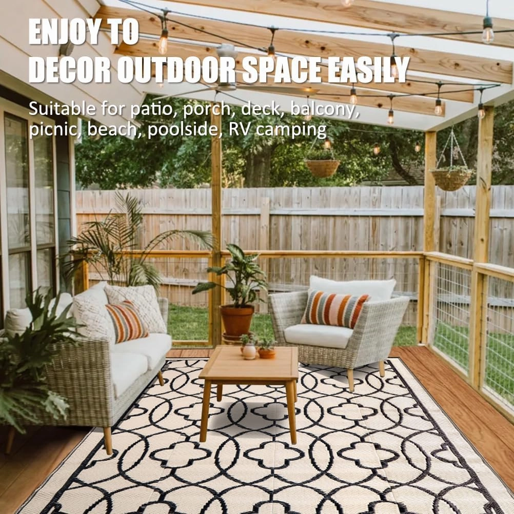 Pendolr 5’x8’ Outdoor Rug Waterproof Carpet Patio Rug Outdoor Plastic Straw Rug Camping Rug Reversible Outside Outdoor Area Rug for Balcony Deck Backyard RV Picnic Beach Black&Beige 01#