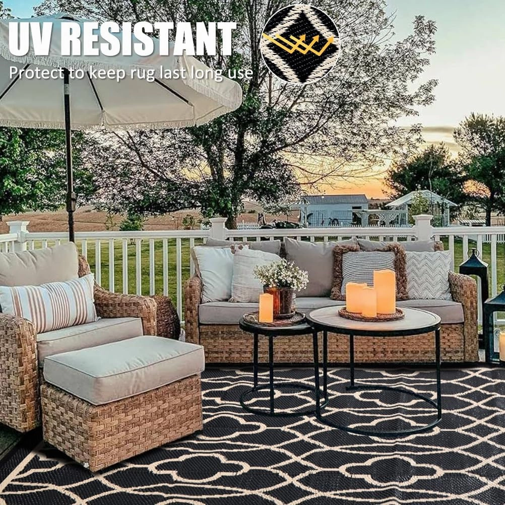 Pendolr 5’x8’ Outdoor Rug Waterproof Carpet Patio Rug Outdoor Plastic Straw Rug Camping Rug Reversible Outside Outdoor Area Rug for Balcony Deck Backyard RV Picnic Beach Black&Beige 01#