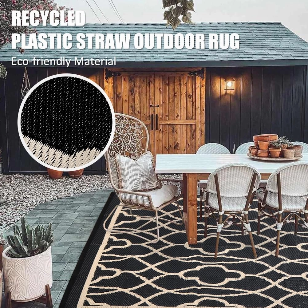 Pendolr 5’x8’ Outdoor Rug Waterproof Carpet Patio Rug Outdoor Plastic Straw Rug Camping Rug Reversible Outside Outdoor Area Rug for Balcony Deck Backyard RV Picnic Beach Black&Beige 01#