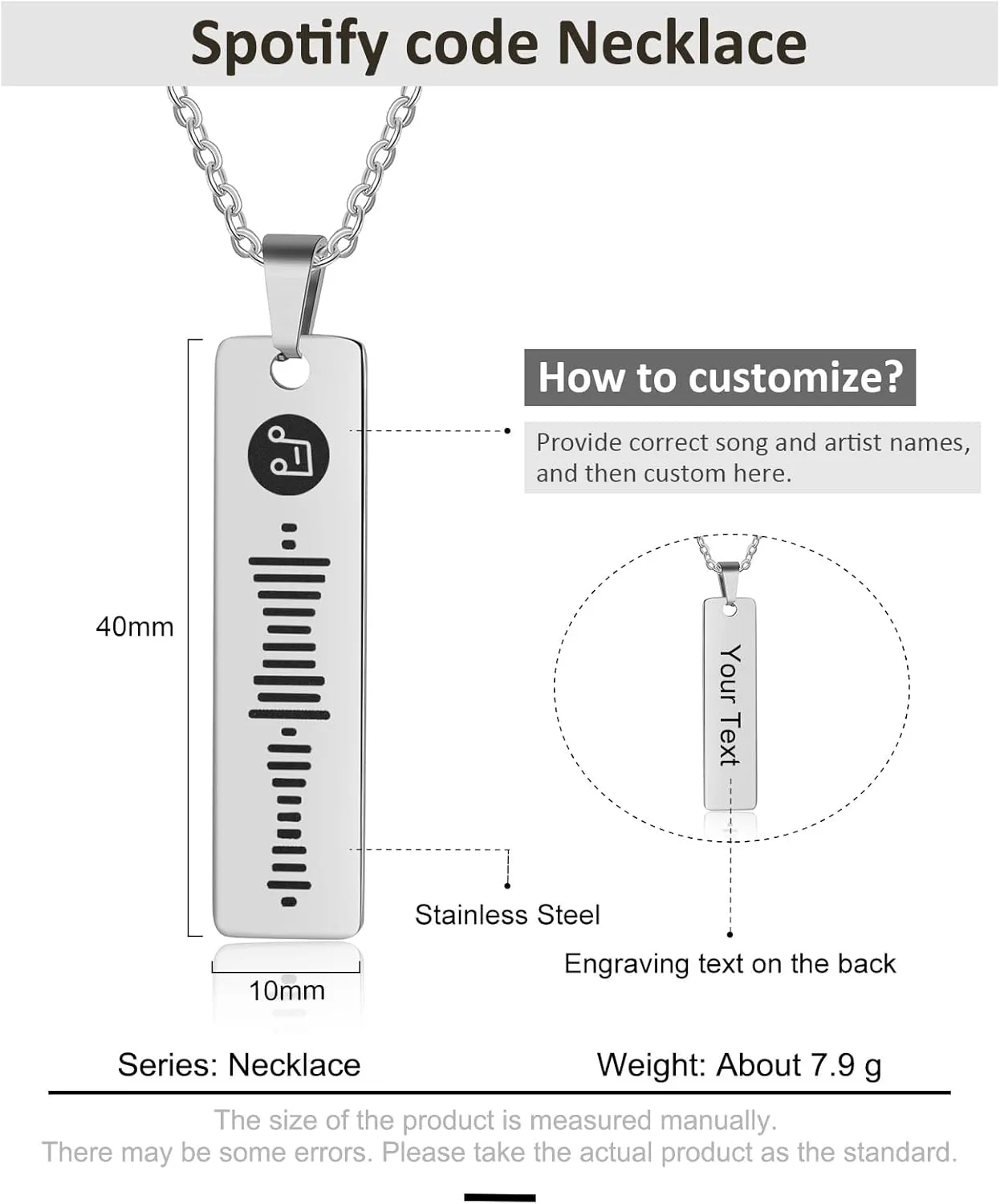 Personalized Music Spotify Scan Code Necklace Custom Bar Pendant Necklace for Women Men Engraved Name Necklace Stainless Steel Necklace Jewelry Gift