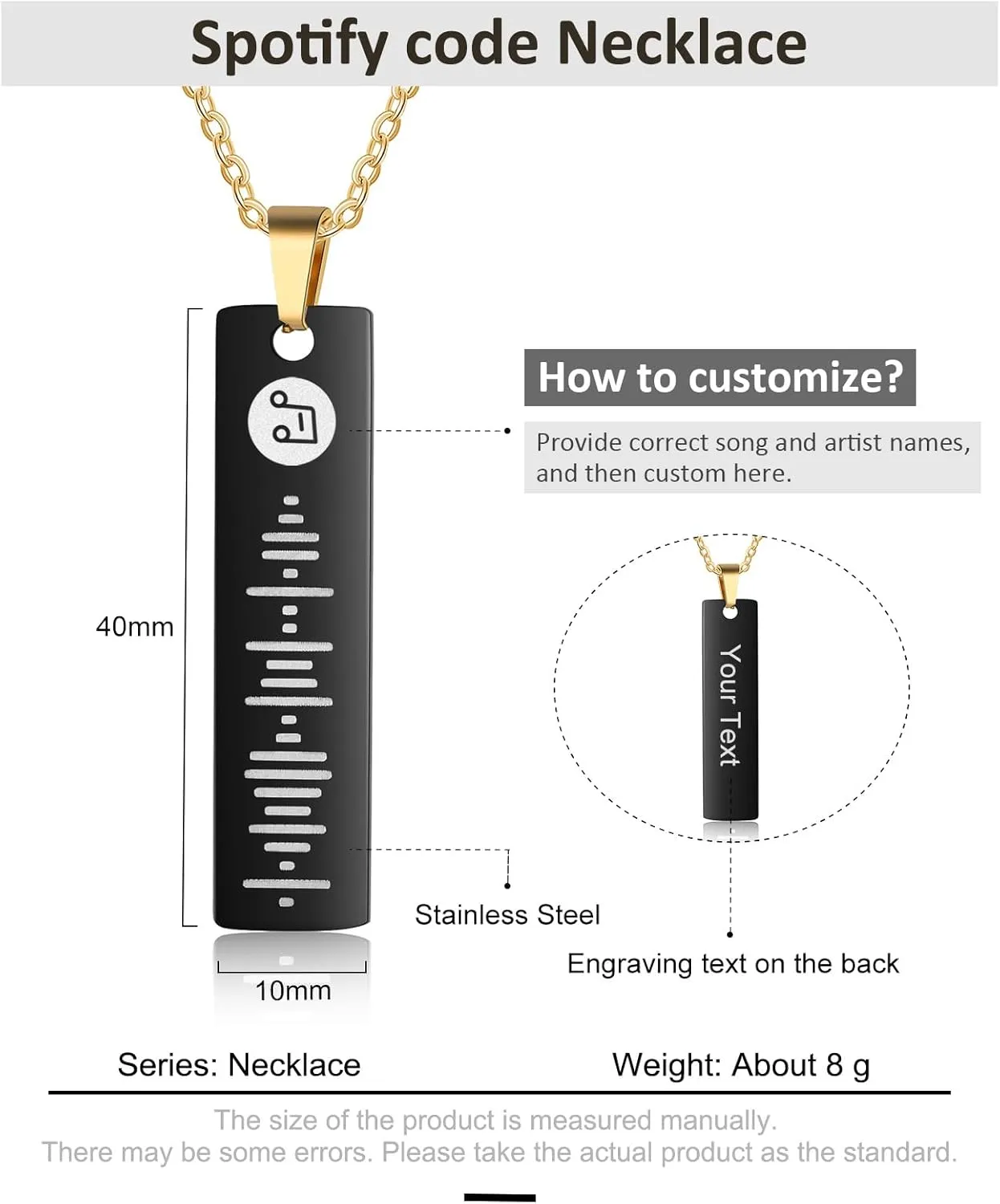 Personalized Music Spotify Scan Code Necklace Custom Bar Pendant Necklace for Women Men Engraved Name Necklace Stainless Steel Necklace Jewelry Gift