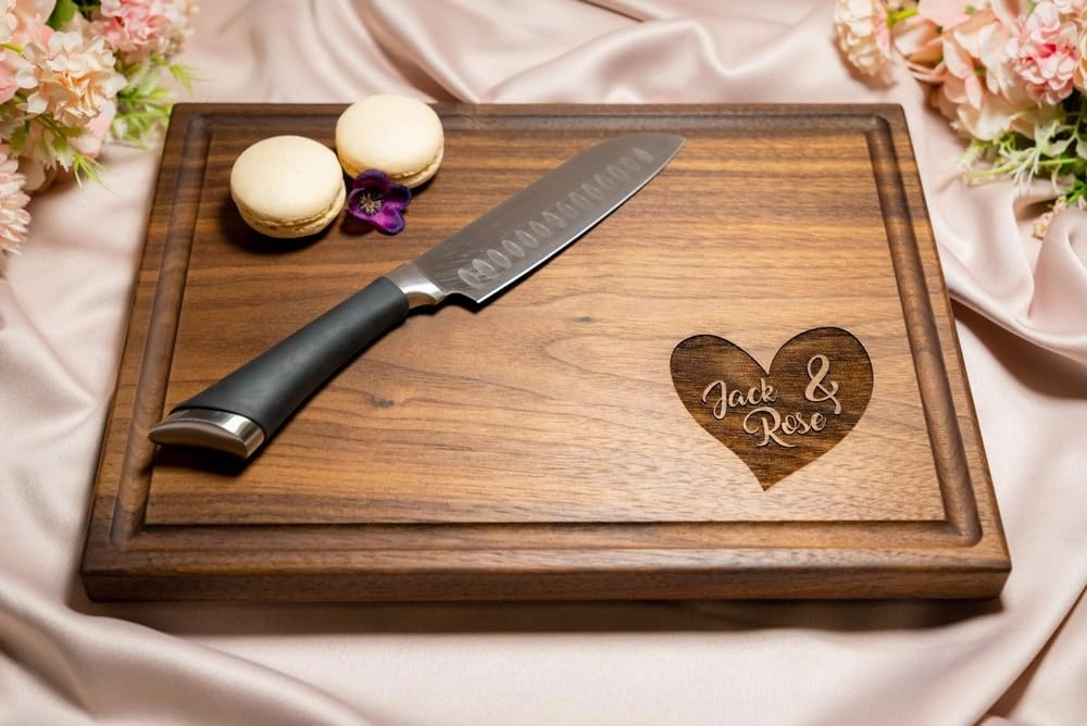 Personalized Cutting Board, Custom Wedding, Anniversary or Housewarming Gift Idea, Wood Engraved Charcuterie, for Newlyweds or Couples, Corner Heart Design 085