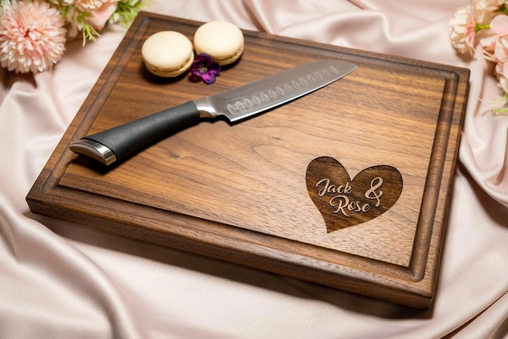 Personalized Cutting Board, Custom Wedding, Anniversary or Housewarming Gift Idea, Wood Engraved Charcuterie, for Newlyweds or Couples, Corner Heart Design 085